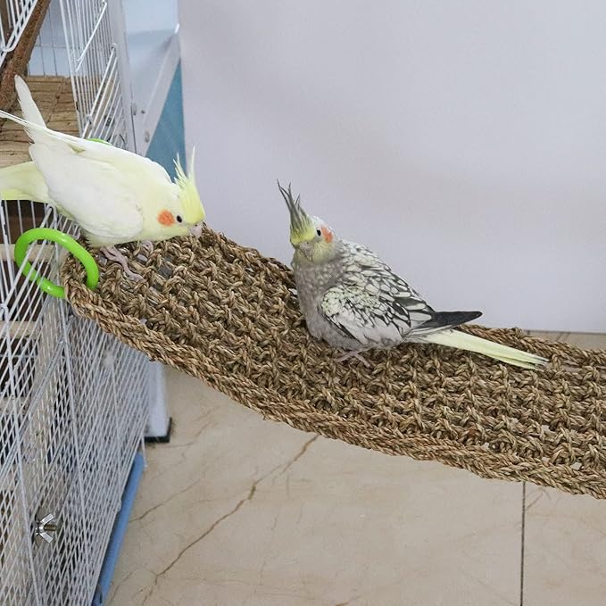 39 x 7 Inches Seagrass Mat, Natural Seagrass Woven Net, Bird Hammock Mat with Hooks, Cage Accessories, Climbing Rope Ladder Chew Toys for Cockatiel, Hamster, Guinea Pig, Rats, Parakeet-PurrikoPets