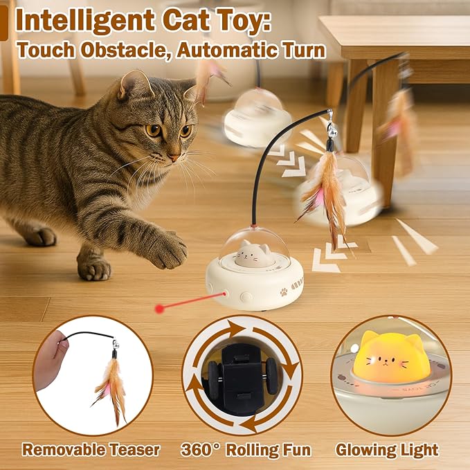 AIERSA Interactive Cat Toys for Indoor Cats, Automatic Enrichment Toy with LED Light and Feather for Cats and Kittens, Moving Self Play Stimulation Toy for Cat Lover Gifts-PurrikoPets