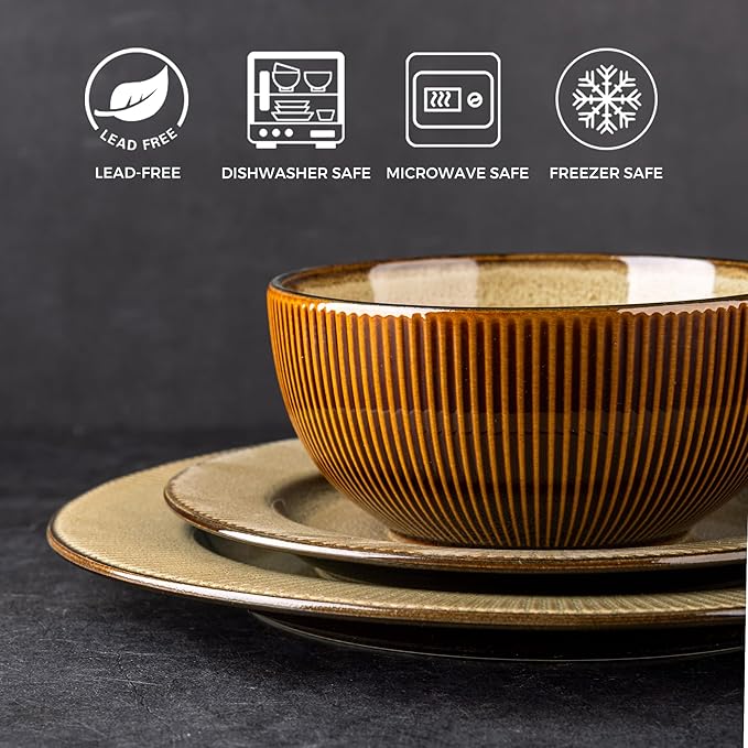 GBHOME Ceramic Dinnerware Sets,12 pcs Embossed Elegant Stoneware Plates and Bowls Sets, Housewarming Wedding Gift | Dishwasher & Microwave Safe | Dishes Set Service for 4-PurrikoPets