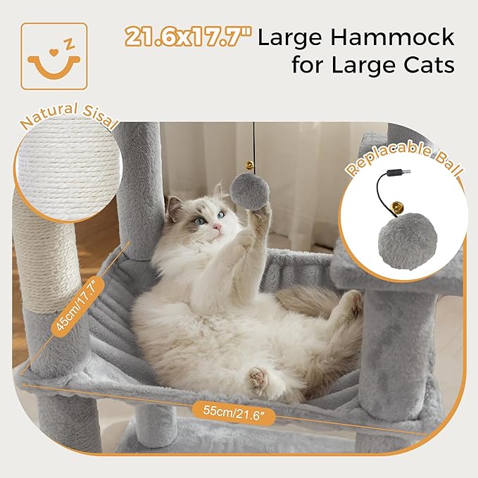 72” Cat Tree for Large Cats Big Cat Tower with Enlarged Hammock 21.6x17.7” Spacious Cats Condo House and Roomy Top Bed and Multiple Scratch Posts for Indoor Adult Cats (Grey, XLarge-72)-PurrikoPets