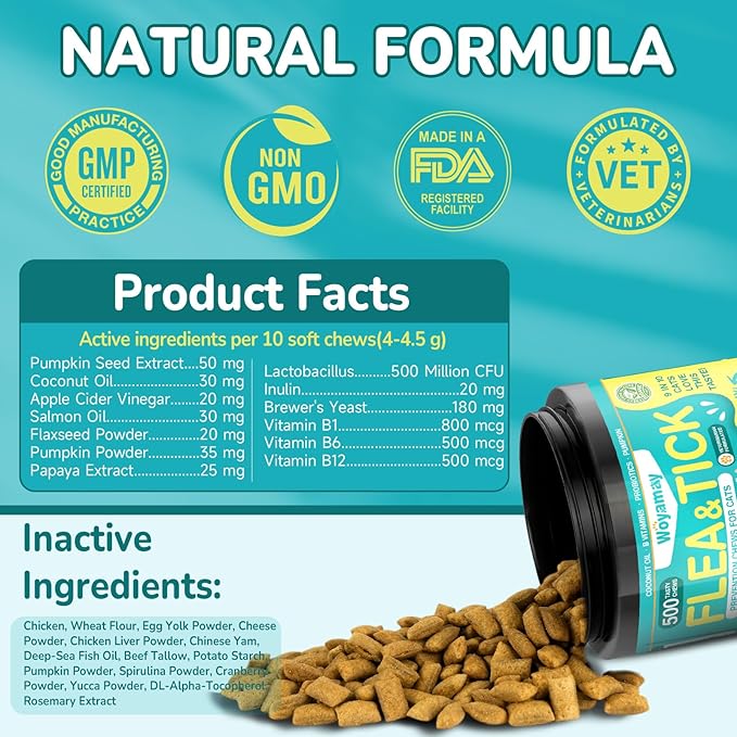 4-IN-1 Flea and Tick Prevention for Cats, 500 Crunchy & Creamy Chews, Cat Flea Treatment, Natural Oral Flea Treatment for Cats, Daily Support for Flea, Immune, Skin & Coat, Gut, Chicken Flavor-PurrikoPets