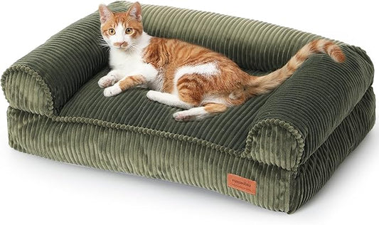 FUKUMARU Dog Couch Bed, Corduroy Cozy Cat Bed for Indoor Cats with Washable Cover, Supportive Waterproof Dog Beds Sofa for Small Dogs and Large Cats Cute, 28inch, Medium, Green-PurrikoPets