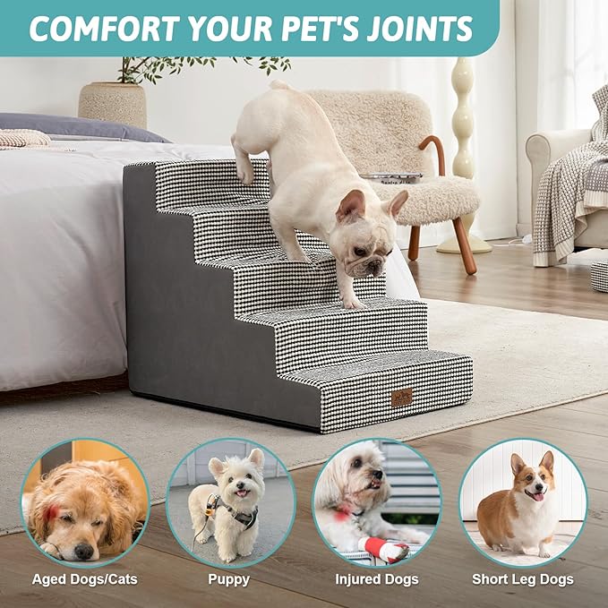 Dog Stairs for Small Dogs, 5 Tier Wider Pet Stairs for High Beds, 23.6" H Non-Slip Dog Steps for Old Cats, Puppies, Small Medium Dogs, 29.5x19.7x23.6 inch, White Black-PurrikoPets