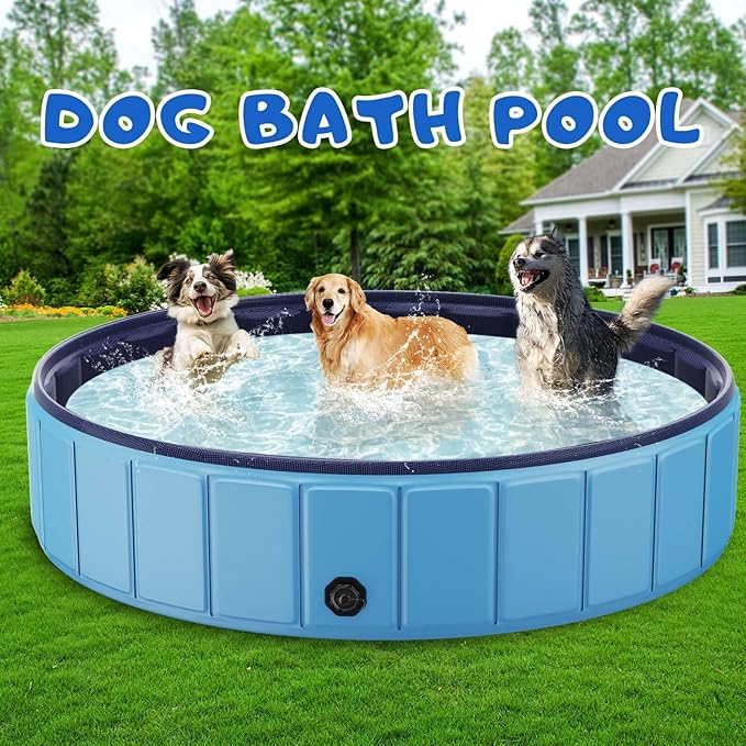 Foldable Dog Swimming Pool, Totiro 91"x16" Oversize Collapsable Hard Plastic Portable Bathing Tub for Pet Dog Kiddie Pool Indoor and Outdoor Leakproof PVC Play Pool for Large Dogs Pets Puppy Kids Blue-PurrikoPets