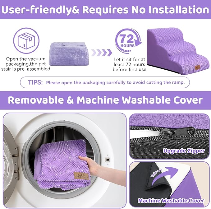 Dog Ramp and Stair for Bed 16" H-20 H,3-Step Cat Stair for Sofa and Chair,4-Step Dog Ramp for High Bed and Window,Durable Nonslip Fabric Stair for Indoor (Purple-16 H, Pet Friendly, 3)-PurrikoPets