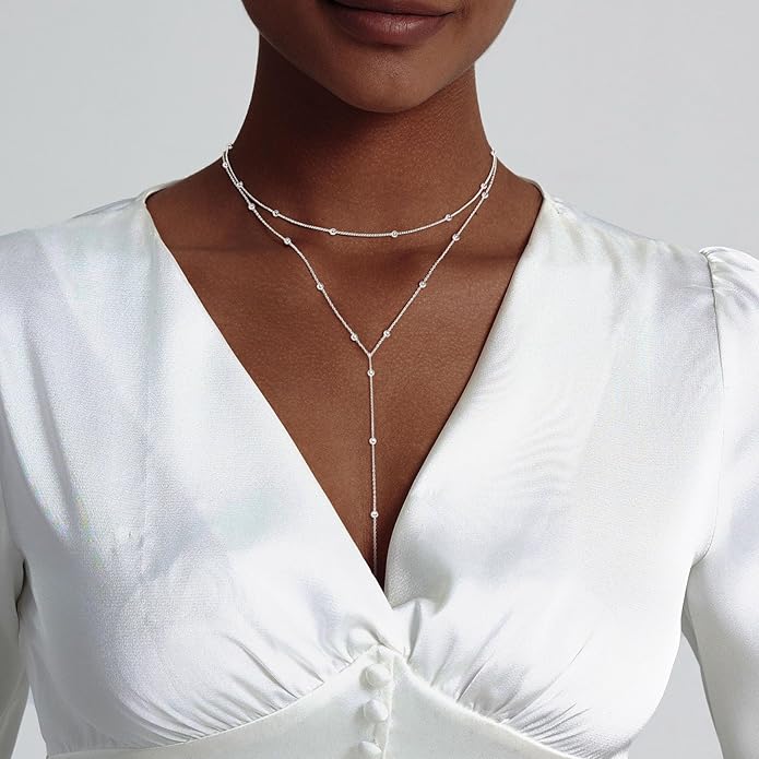 Lariat Silver/Gold Necklace for Women 925 Silver/14K Gold Plated Dainty Long Necklace Y-Shaped Drop Pendant Necklaces Choker Trendy Chain Simple Layered Necklaces CZ Jewelry for Women Set Gift