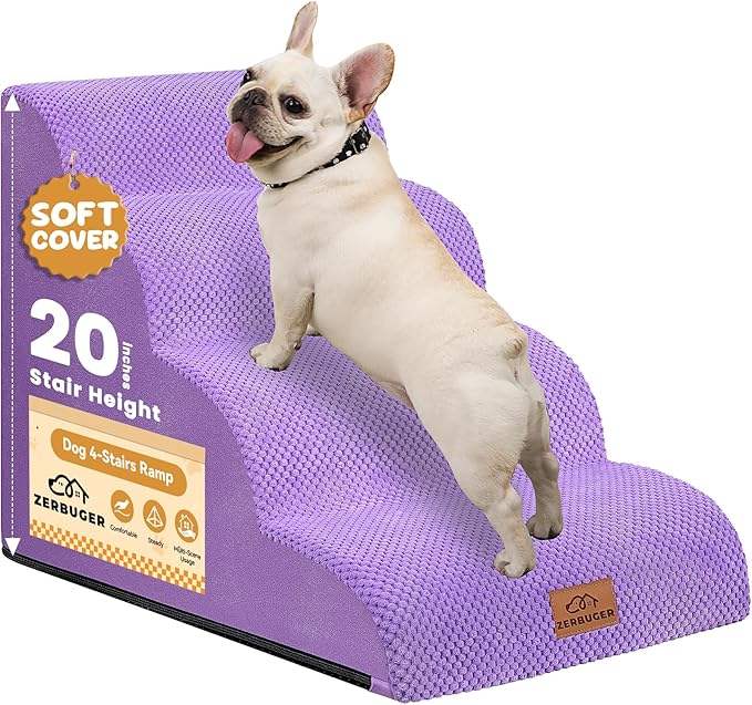 Dog Ramp and Stair for Bed 16" H-20 H,3-Step Cat Stair for Sofa and Chair,4-Step Dog Ramp for High Bed and Window,Durable Nonslip Fabric Cover for Indoor (Purple-20 H, Pet Friendly, 4)-PurrikoPets