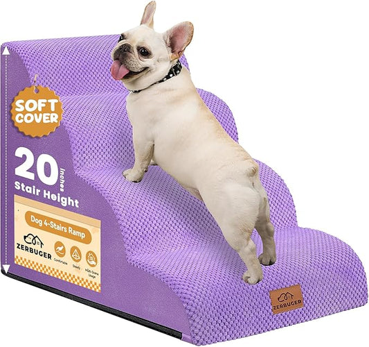Dog Ramp and Stair for Bed 16" H-20 H,3-Step Cat Stair for Sofa and Chair,4-Step Dog Ramp for High Bed and Window,Durable Nonslip Fabric Cover for Indoor (Purple-20 H, Pet Friendly, 4)-PurrikoPets