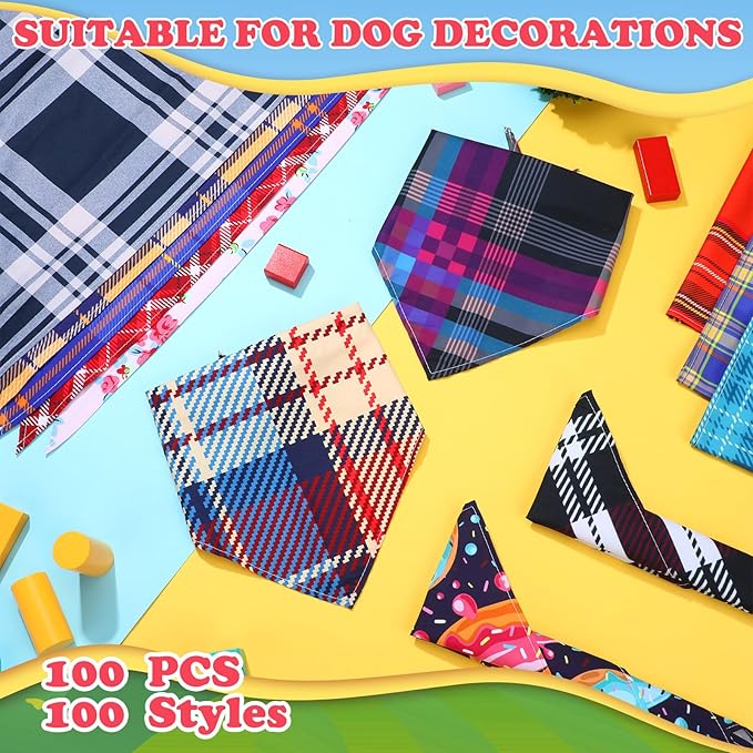 100 Pcs Dog Bandanas Bulk Pet Bibs Colorful Triangle Scarf Pet Bandanas for Medium Large Dogs Spring Summer Birthday Costume Decoration (Plaid)-PurrikoPets