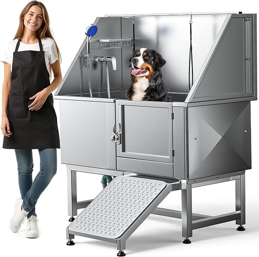 DWVO Professional Pet Dog Bathing Station for Grooming, 50'' Dog Grooming Bathtub with Right Ramp, Floor Grate, Faucet, Showerhead & Soap Holder for Large, Medium & Small Pets-PurrikoPets