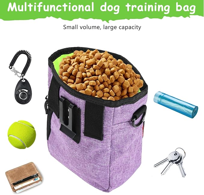 Dog Treat Pouches for Pet Training with Magnetic Closure Treat Pouches for Pet Training,Large Dog Treat Training Pouch and Dog Clicker,Training Treat Pouch Built-In Poop Bag Dispenser-Purple.-PurrikoPets