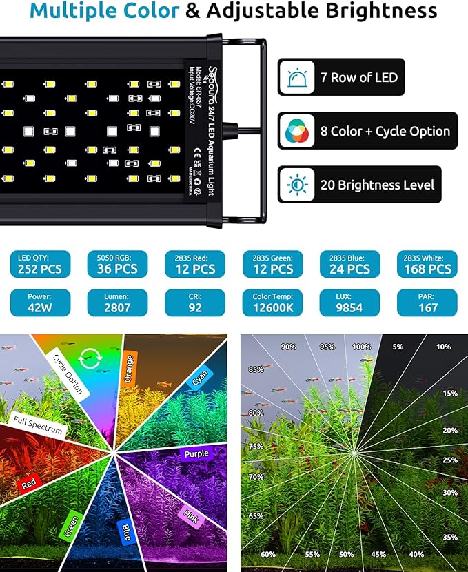 Full Spectrum Aquarium Light, 24/7 Custom Timer, Power-Off Memory, 36-42in 7-Row LED Fish Tank Lights, 8 Colors, 20 Brightness, Day & Night Cycle, Adjustable Mount for Freshwater Plant Growth-PurrikoPets