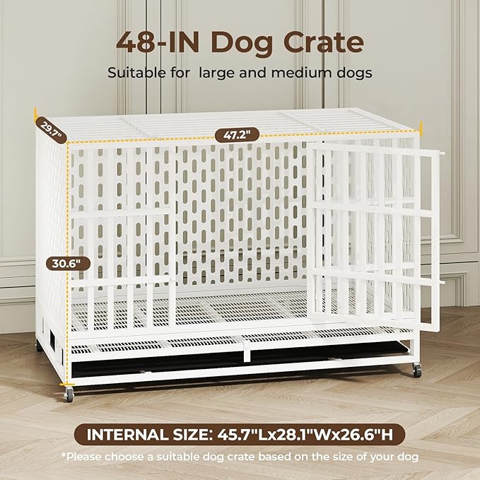 48 Inch Heavy Duty Indestructible Dog Crate Steel Escape Proof, Indoor Double Door High Anxiety Cage, Kennel with Wheels, Removable Tray,White,Extra Large XL XXL-PurrikoPets