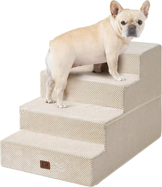 EHEYCIGA Dog Stairs for Bed 20" H, 4-Step Extra Wide Dog Steps for High Bed, Pet Steps for Small Dogs and Cats, Non-Slip Balanced Pet Ramp Indoor, Beige-PurrikoPets