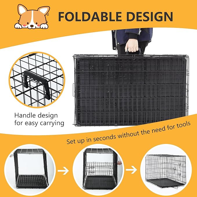 FDW Dog Crate Dog Kennel Cage with Double Door,36 inch Folding Metal Wire Dog Cage with Removable Tray&Divider Panel,Pet Crate for Medium Dogs,Black-PurrikoPets