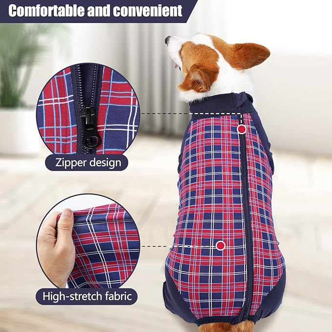 Dog Recovery Suit, Abdominal Wound After Surgery Wear, Anti Licking Bodysuit with Zipper, E-Collar & Cone Alternatives, Plaid Dog Spay Surgical Onesie Prevent Shedding(Medium, Red)-PurrikoPets