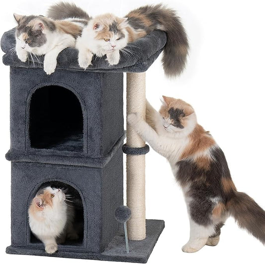 24in Cat Tree Tower with Scratching Post, 19 * 16.5in Window Perch for Large Cats, 2 Cat Condo Cubbies for Indoor Kittens, Dark Gray-PurrikoPets