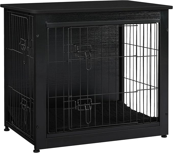 DWANTON Dog Crate Furniture with Cushion, Wooden Kennel Table with Double Doors, Indoor Dog House, Small/Medium/Large Size, 27.2" L, Black-PurrikoPets