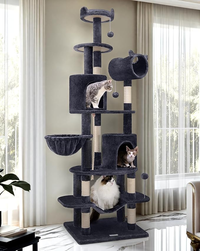 Globlazer Artistic Curved Cat Tower for Small Cats (Under 12 lbs), 81-inch Slim Design Cat Tree with Space-Saving Design, Indoor Cat Condo with Hammock & Tunnel, C81, Dark Gray, Non-Large Cats-PurrikoPets