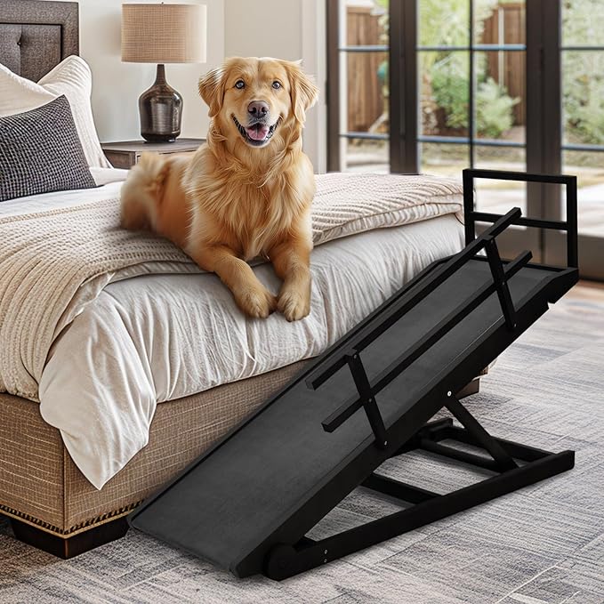 Dog Ramp, 5 Level Adjustable Wooden Folding Pet Ramp for Middle Bed, Couch,SUV-High Traction, Portable Paw Ramps for Small & Large Old Dogs & Cats - Furniture Quality-PurrikoPets