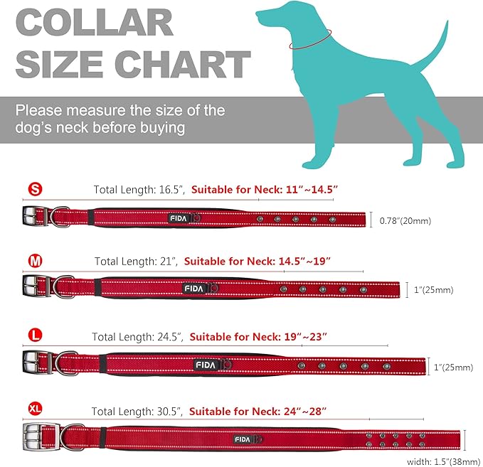 Fida Heavy Duty Dog Collar 1.5” Width, Ultra Soft Neoprene Padded, Adjustable Reflective Nylon Pet Collar with Two Metal Pin Belt Buckle for Large/X-Large Breeds (XL, Red)-PurrikoPets