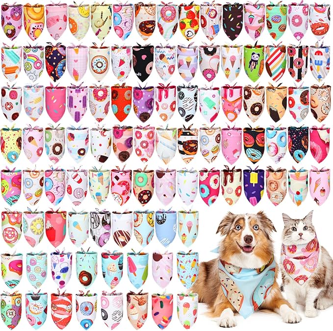100 Pcs Dog Bandanas Bulk Pet Bibs Colorful Triangle Scarf Pet Bandanas for Medium Large Dogs Spring Summer Birthday Costume Decoration (Donut)-PurrikoPets