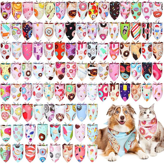 100 Pcs Dog Bandanas Bulk Pet Bibs Colorful Triangle Scarf Pet Bandanas for Medium Large Dogs Spring Summer Birthday Costume Decoration (Donut)-PurrikoPets