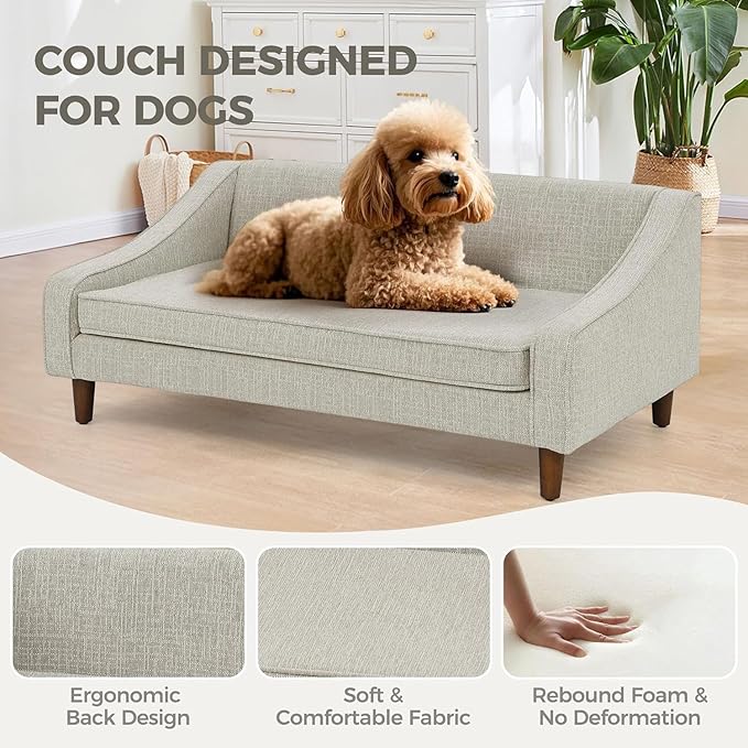 Dog Sofa Couch for Medium to Large Dogs, Durable Pet Sofa with Washable Fabric, Elevated Mini Dog Bed with Wooden Legs for Medium and Large Dogs, Beige-PurrikoPets