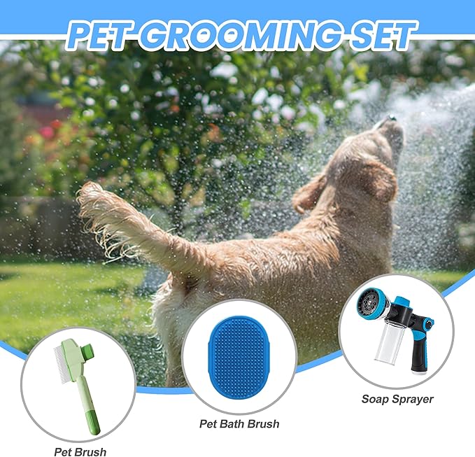 Dog Wash Hose Attachment, 10-in-1 Spray Mode Pet Shower Soap Sprayer with Grooming Comb Rubber Brush, Hose Nozzle with 100cc Soap Dispenser, for Watering, Car Wash, Dog and Horse Showering (Blue)-PurrikoPets