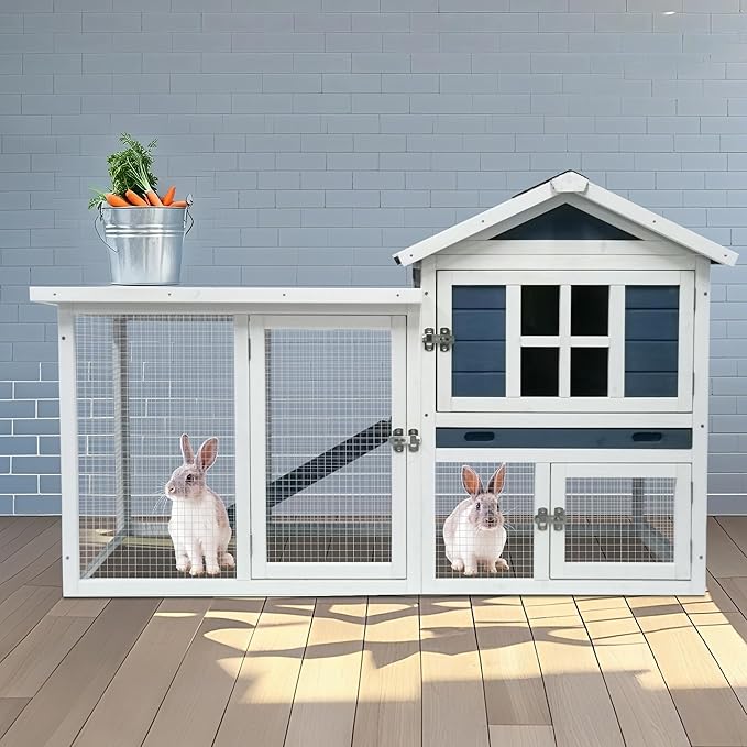 GARWOOD Large Outdoor Indoor Rabbit Hutch Wooden Bunny Rabbit Cage 2-Story with Run No-Leak Pull-Out Tray Waterproof Asphalt Roof Ramp for Guinea Pig Small Animal Wood Pet House Home Blue White-PurrikoPets