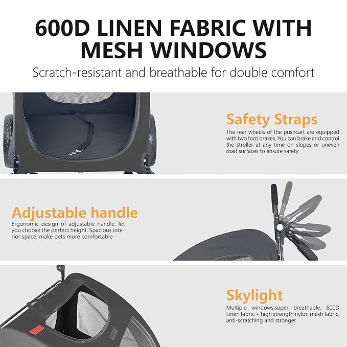 Extra Large Dog Stroller for Medium & Large Pets - Foldable Design, Adjustable Handle, Up to 130 lbs(Black)-PurrikoPets