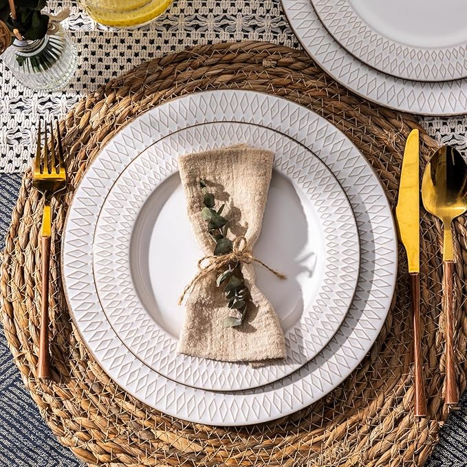 GBHOME Ceramic Dinnerware Sets,18 pcs Embossed Elegant Stoneware Plates and Bowls Sets, Housewarming Wedding Gift | Dishwasher & Microwave Safe | Dishes Set Service for 6-PurrikoPets