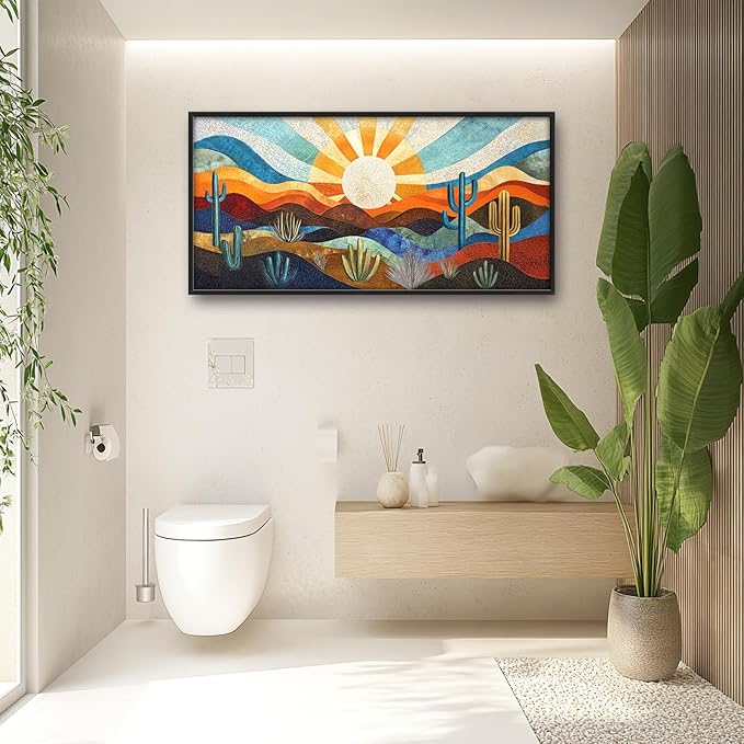 Extra Large Framed Abstract Boho Desert Wall Art, Sun Cactus Landscape Wall Decor Pictures for Living Room,Cacti Canvas Print Painting Modern Artwork Bedroom Office Bathroom Home Decor 60L x 30W-PurrikoPets