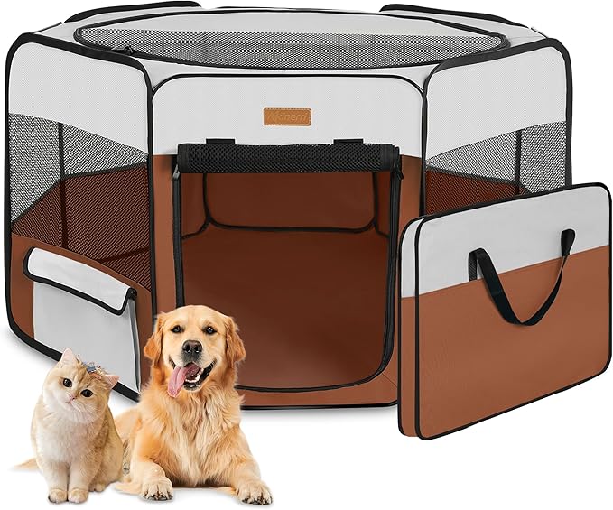 Dog Playpen, Portable Pet Play Pen for Cat, Puppies, Rabbits, Chickens, Foldable Large-Capacity Pet Tent for Indoor/Outdoor Travel Camping Brown-PurrikoPets