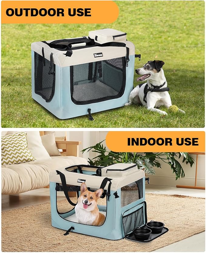 Extra Large Dog Crate with 2 Foldable Bowl, 40 Inch Collapsible Travel Dog Crate Kennel with Soft Blanket for Medium Dogs,Indoor & Outdoor (40" L x 27" W x 27" H, Blue)-PurrikoPets