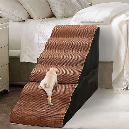 Dog Steps for High Beds 30-32" H - 6-Step Dog Stairs for Small Dogs, 33D Foam Pet Steps for High Bed with Non-Slip Bottom and Washable Cover, Dogs Ramp for Bed Indoor, Brown-PurrikoPets