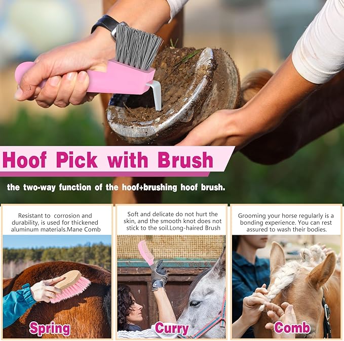 Abbylike 12 Pieces Horse Grooming Kit Racing Festival Tack Room Supplies Horse Brush Sets Equine Care Cleaning Kit Shedding Grooming Massaging Tools(Pink and Grey)-PurrikoPets