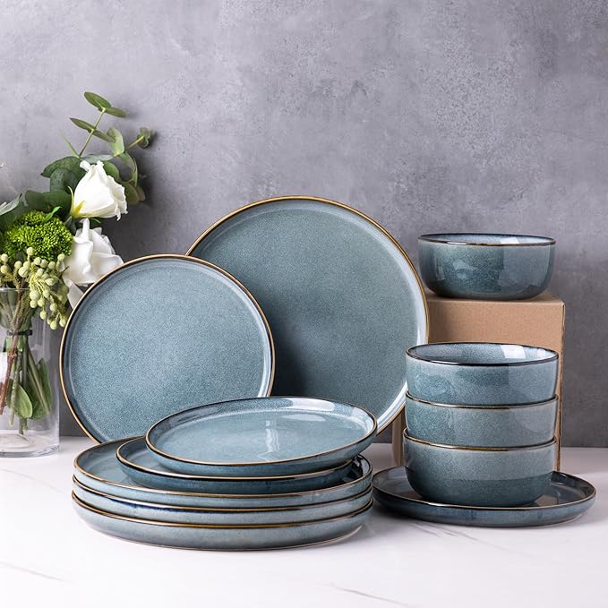 GBHOME Ceramic Dinnerware Sets for 4, 12 Pieces Stoneware Plates and Bowls Sets, Reactive Glaze Dishes -Scratch Resistant, Dishwasher&Microwave Safe, Space Blue-PurrikoPets