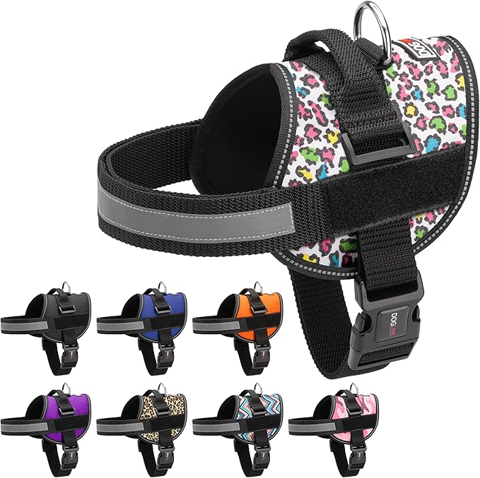 Dogline Dog Harness, Reflective No-Pull Adjustable Vest with Handle for Walking, Training, Breathable, No - Choke Harness for Small, Medium or Large Dogs Room for Patches Leopard Rainbow XS 15"-18"-PurrikoPets