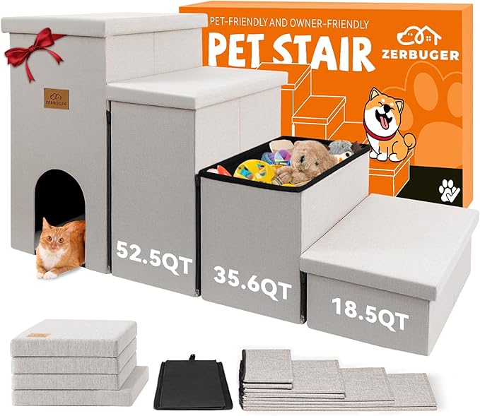 Dog Stairs with Condo 23" H, 4-Step Wider Folding Storage Pet Stairs Gift for Small/Medium/Large Old Dogs Cats, Dog Steps for High Beds Window, Ramp for Climbing Car Up to 200 lbs, Beige-PurrikoPets