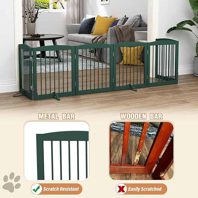 Freestanding Pet Gate for Dogs, Foldable Wooden Dog Gate for House, Extra Wide Indoor Pet Barrier for Stair, Doorway, Hall, Support Feet Included, 120 Inch Wide, 6 Panels 24",Green-PurrikoPets
