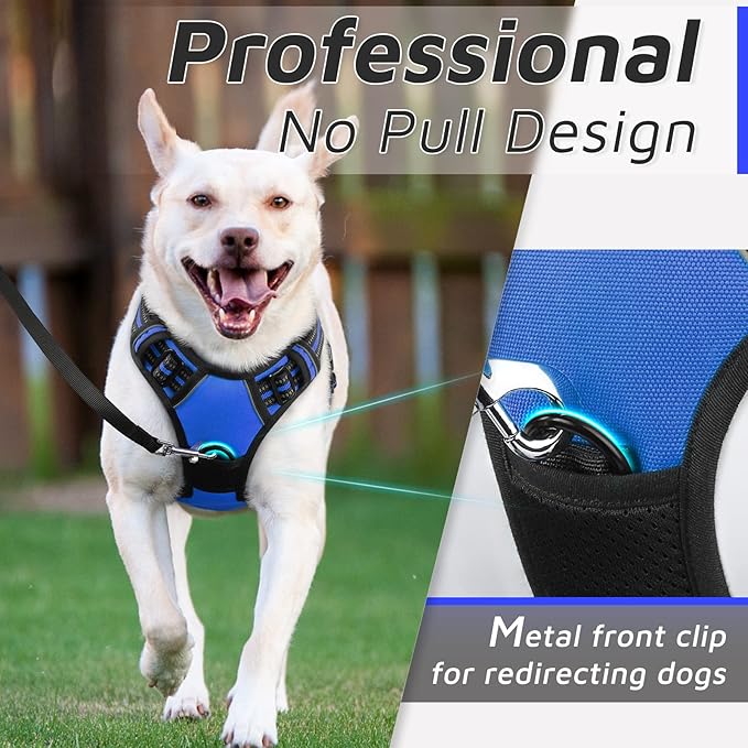 Eagloo Dog Harness Medium Sized Dog, No Pull Service Vest with Reflective Strips and Control Handle, Adjustable and Comfortable for Easy Walking, No Choke Pet Harness with 2 Metal Rings, Blue, M-PurrikoPets