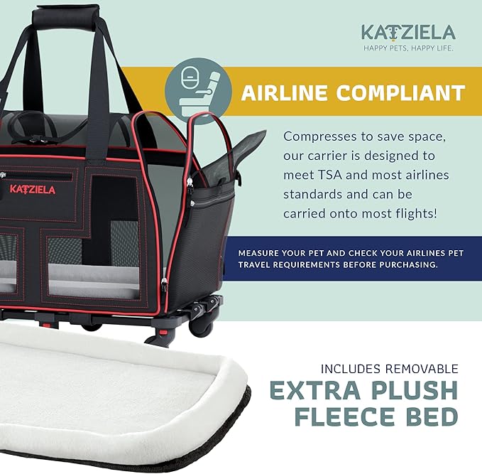 Airline Compliant Pet Carrier - Rolling Portable Travel Carry Crate for Small Dog Puppy or Cat - Soft Removable Wheeled Design with Mesh Window Sides - Airplane and TSA Compliant- by Katziela-PurrikoPets