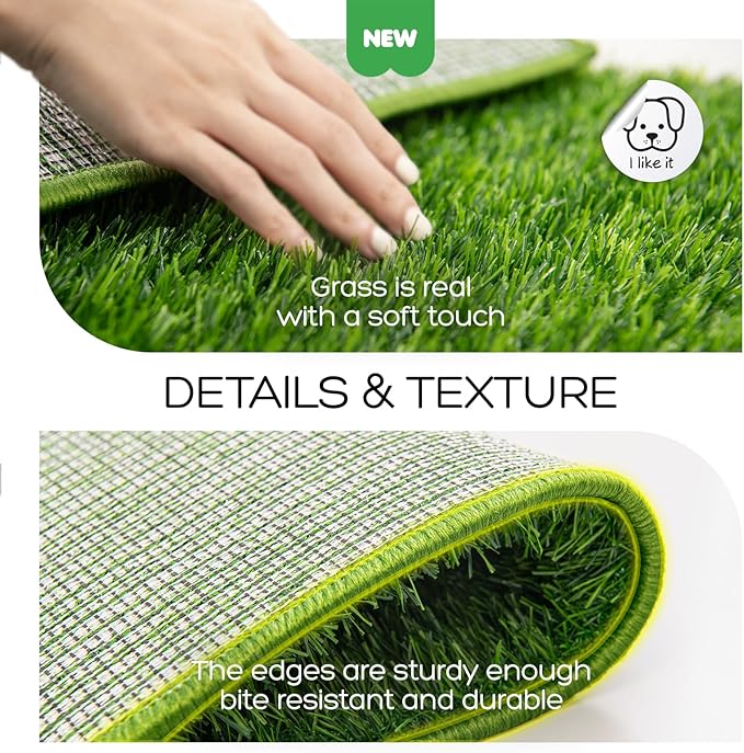 Dog Grass Pad with Tray, 34×23in Large Litter Box, 2×Grass Pad for Dogs Potty Washable, Thick Soft Odor-Free Hemmed Dog Pee Grass, Indoor Potty Training Balcony-PurrikoPets