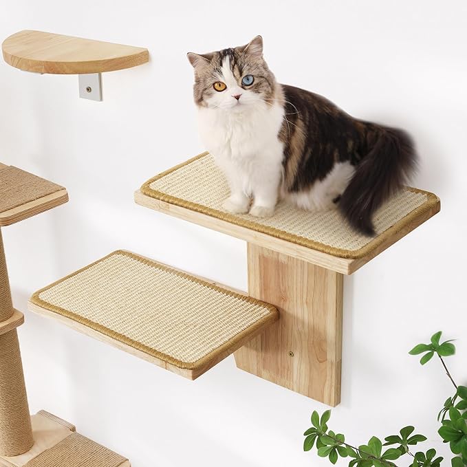 FUKUMARU Cat Wall Shelves, 2 Platform Kitten Wall Furniture, Tree Shape Wall-Mounted Floating Shelf with Sisal Mat, Solid Rubber Wood Cats Perch for 16 Inch Drywall, Suitable for Climb, Play, Nap-PurrikoPets