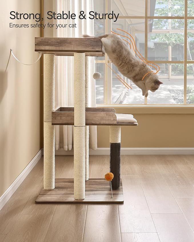 FourFurPets 43.7" Cat Tree, Modern Cat Tree Tower, Cat Tower for Indoor Cats Large Adult, Cat Condo with Scratching Post, Large Perch and Removable Pads, Greige-PurrikoPets
