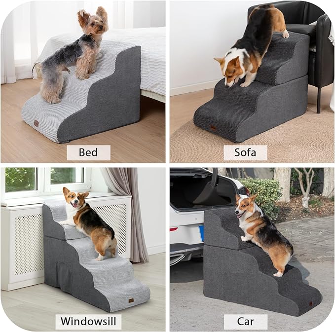 Dog Stairs for Couch Sofa and Chair, 3-Step Dog Steps for Small Dogs and Cats, Non-Slip Indoor Pet Step, Light Grey-PurrikoPets