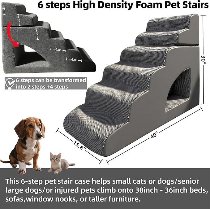6 Step Pet Stairs Ramp for High Beds Sofas 18-36 Inch, Non-Slip Dog Stairs for Small Old Medium Large XL Dogs Cats, Sturdy 75 Pounds 33D Foam Balanced 6-Tier Ladder with Machine Washable Cover-PurrikoPets