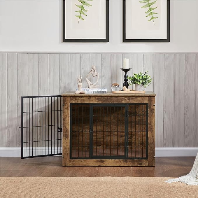 FLEXIMOUNTS Dog Crate Furniture with Cushion, Wooden Dog Kennel Furniture, Heavy Duty Dog Cage, 40" Dog Kennel with Double Doors, L-PurrikoPets