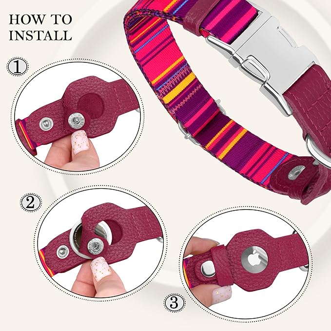 AirTag Dog Collar for Small Medium Large Breed - Adjustable Cute Pattern Dog Collar with Airtag Holder - Soft Leather Tracker GPS Apple Air Tag Pet Collars (Large, 17"-21" Neck Fit, Striped)-PurrikoPets